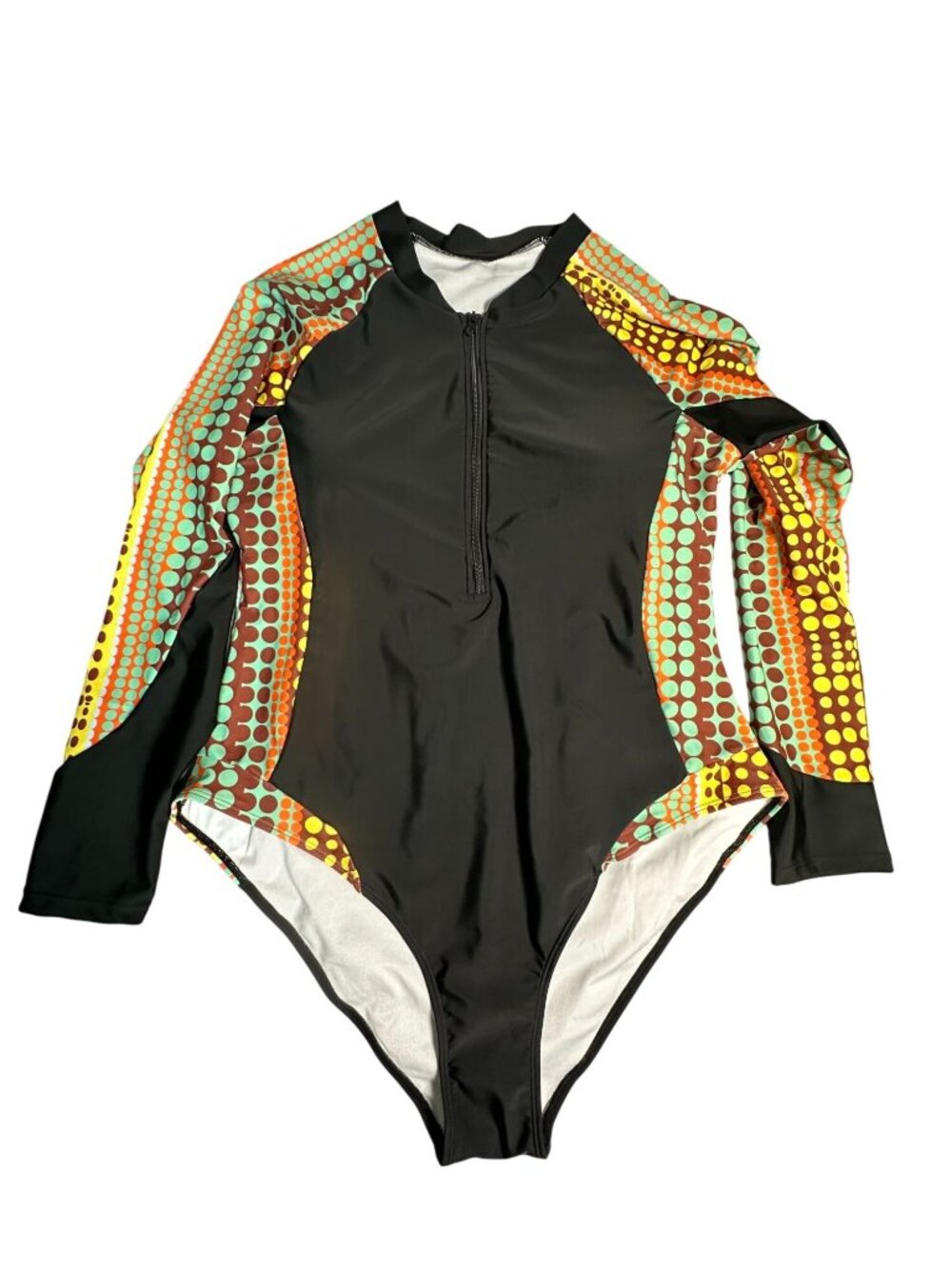 Colorful Long-Sleeve One-Piece Swimsuit With Front Zipper & Polka Dot Design 4XL